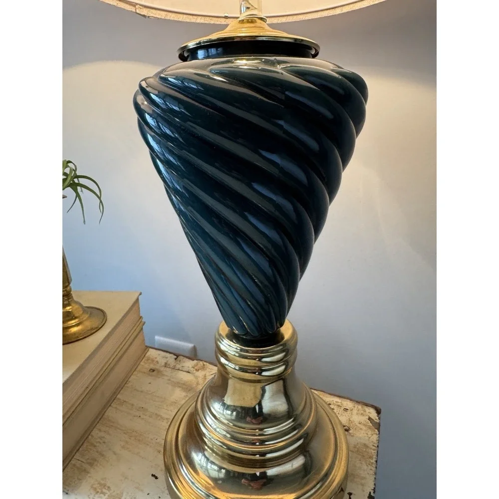 Pair‎ Of MCM Green/gold Lamps With New Linen Shades
